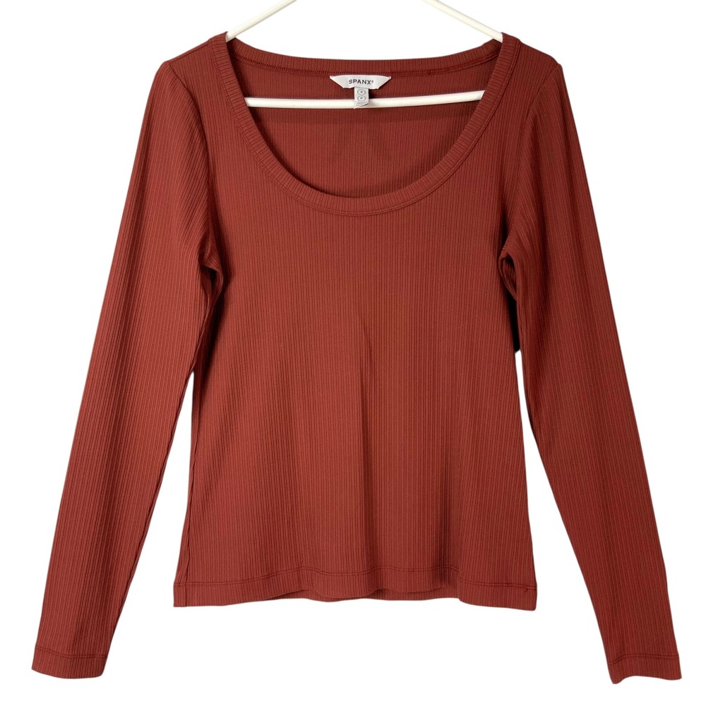 Spanx Rust Ribbed Knit Top Small Pullover Scoop Neck Long Sleeve Slim Fit